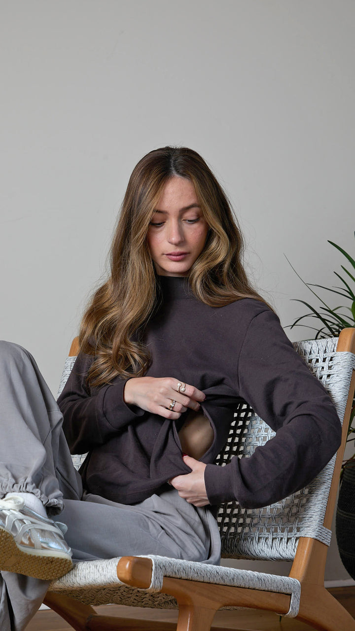 חולצת הנקה עם רוכסנים משני הצדדים| חום