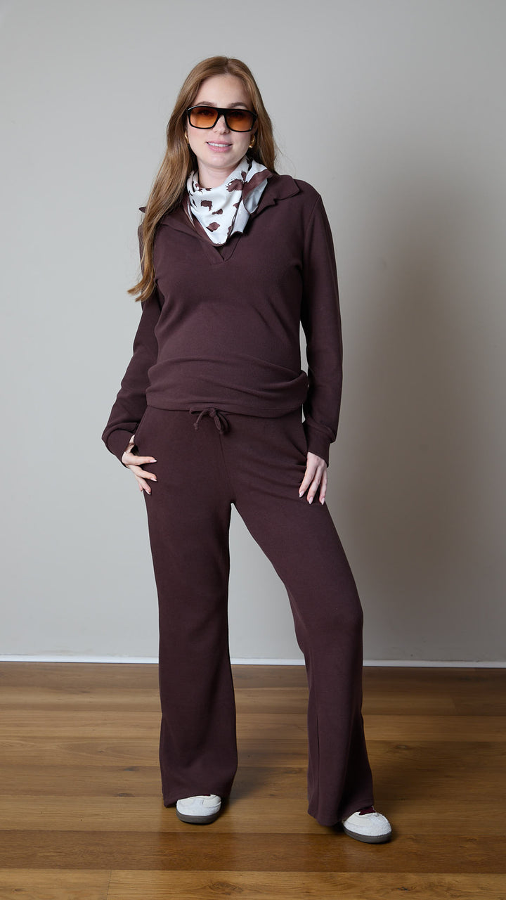 מכנס סריג להריון ולאחרי לידה | חליפת ״אלה״ | חום- שוקולד