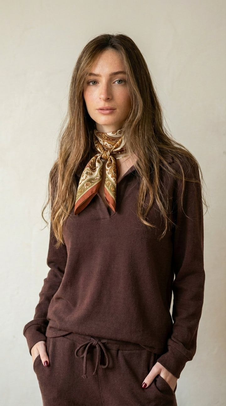 חולצת הנקה עם רוכסנים משני הצדדים סריג פולו| חליפת ״אלה״ | חום -שוקולד